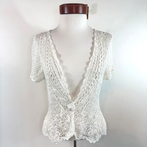 SHU SHU Crochet Lace Cardigan White Scalloped Boho Coquette Button Knit L / XL